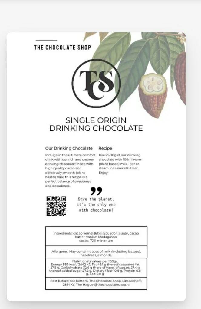 ecuador single origin drinking chocolate tcs 72 procent vegan 500 gr.