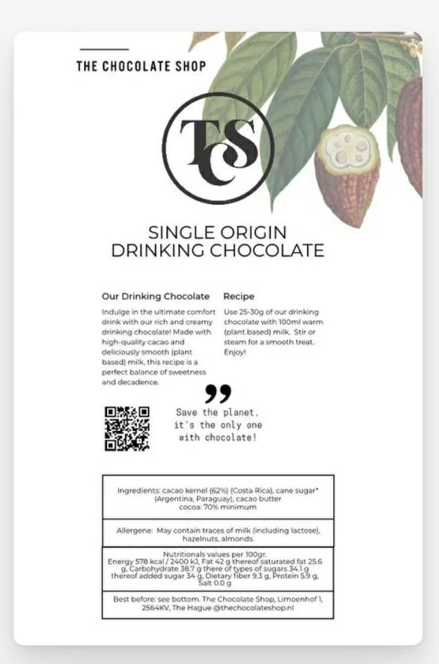Costa Rica Single Origin Drinking Chocolate TCS 70 percent vegan 500 gr.