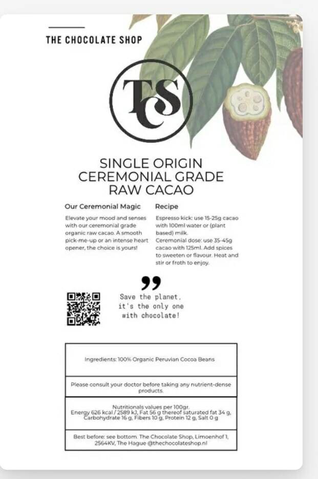 ceremonial grade cacao tcs criollo origine peru 200 gr.